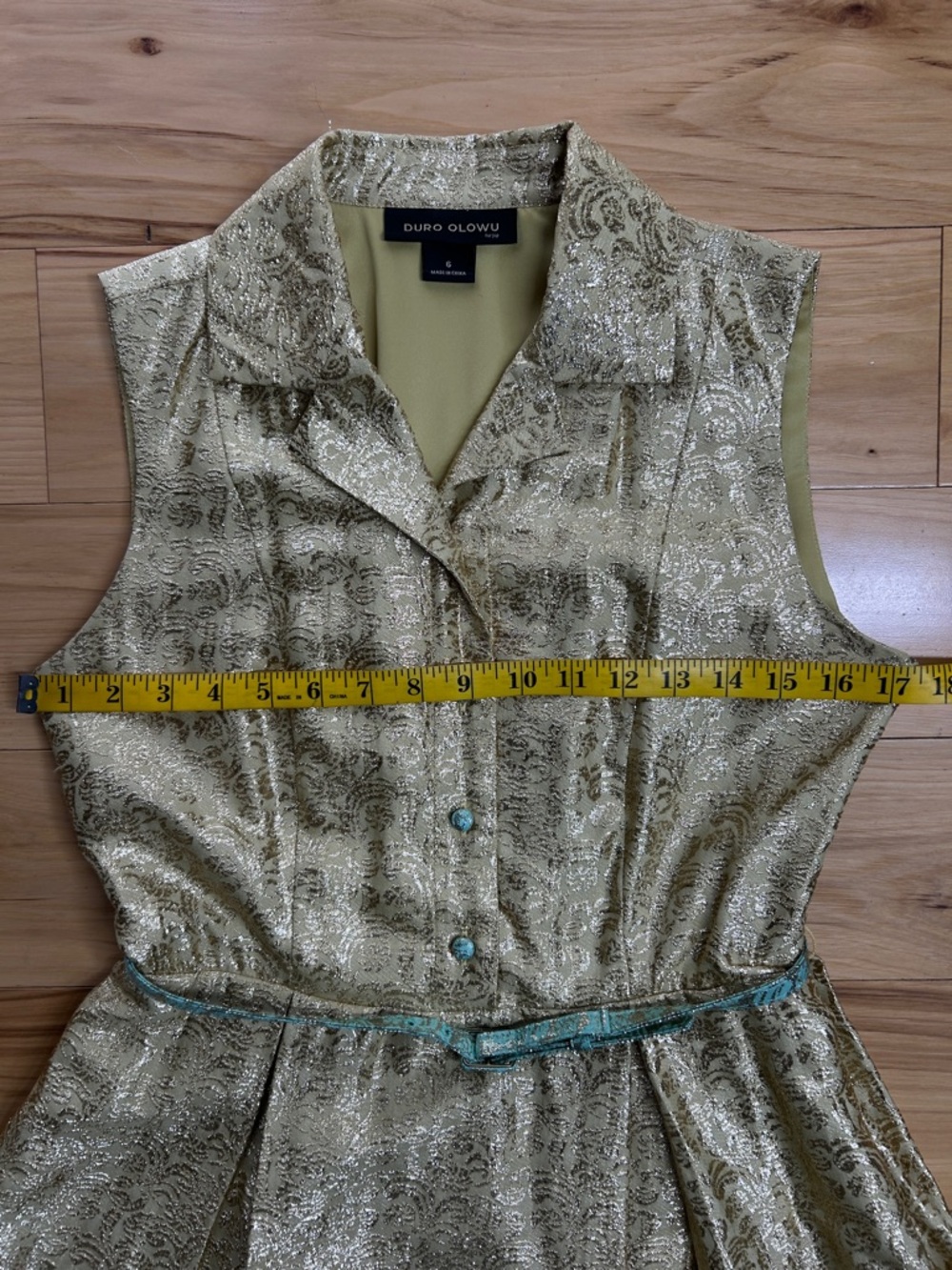 Duro Olowu Gold and Mint Green Metallic Fit-and-Flare Dress | Size 6 - Picture 3 of 11